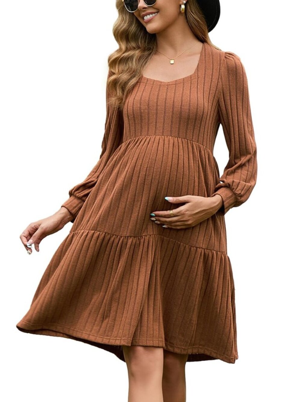 Maternity Sweater Dress Long Sleeve Square Neck Knit Babydoll Dress